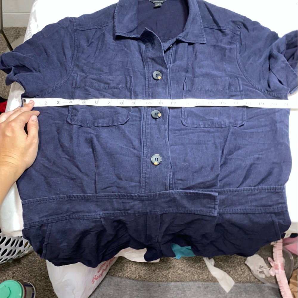 Ann Taylor Linen Blend Navy Blue Jumpsuit Romper 14 Lightweight Cargo Summer - Picture 15 of 16